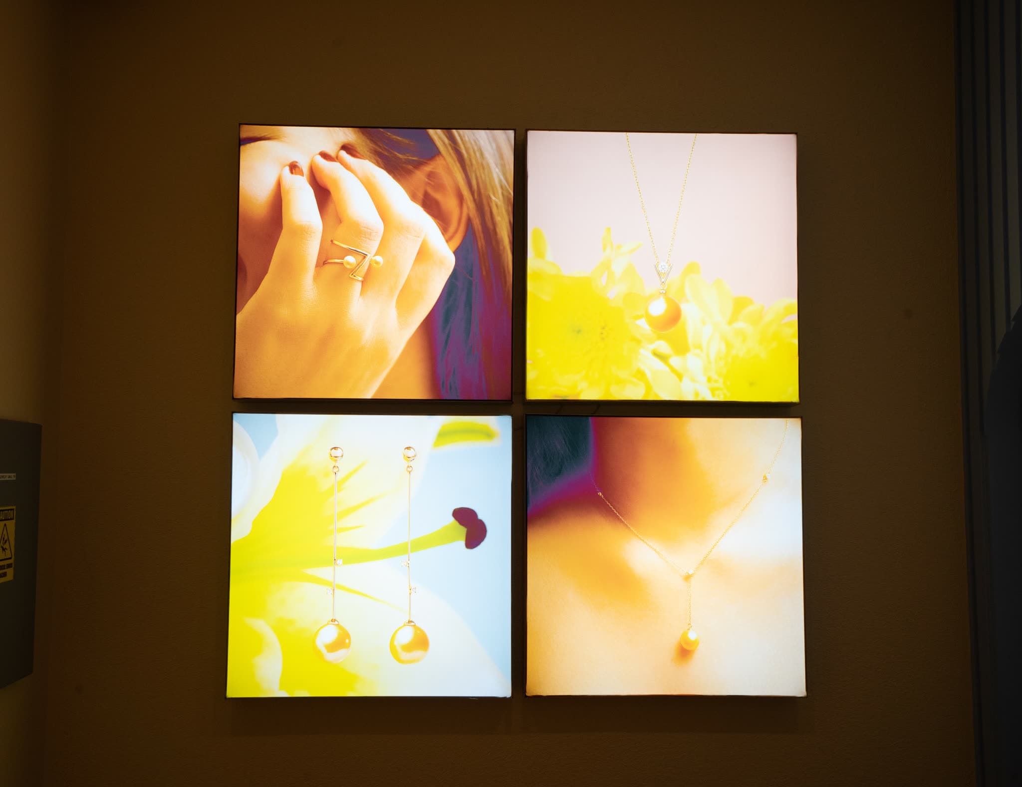 Four backlit lightbox panels showing jewellery photography, mounted on a retail wall